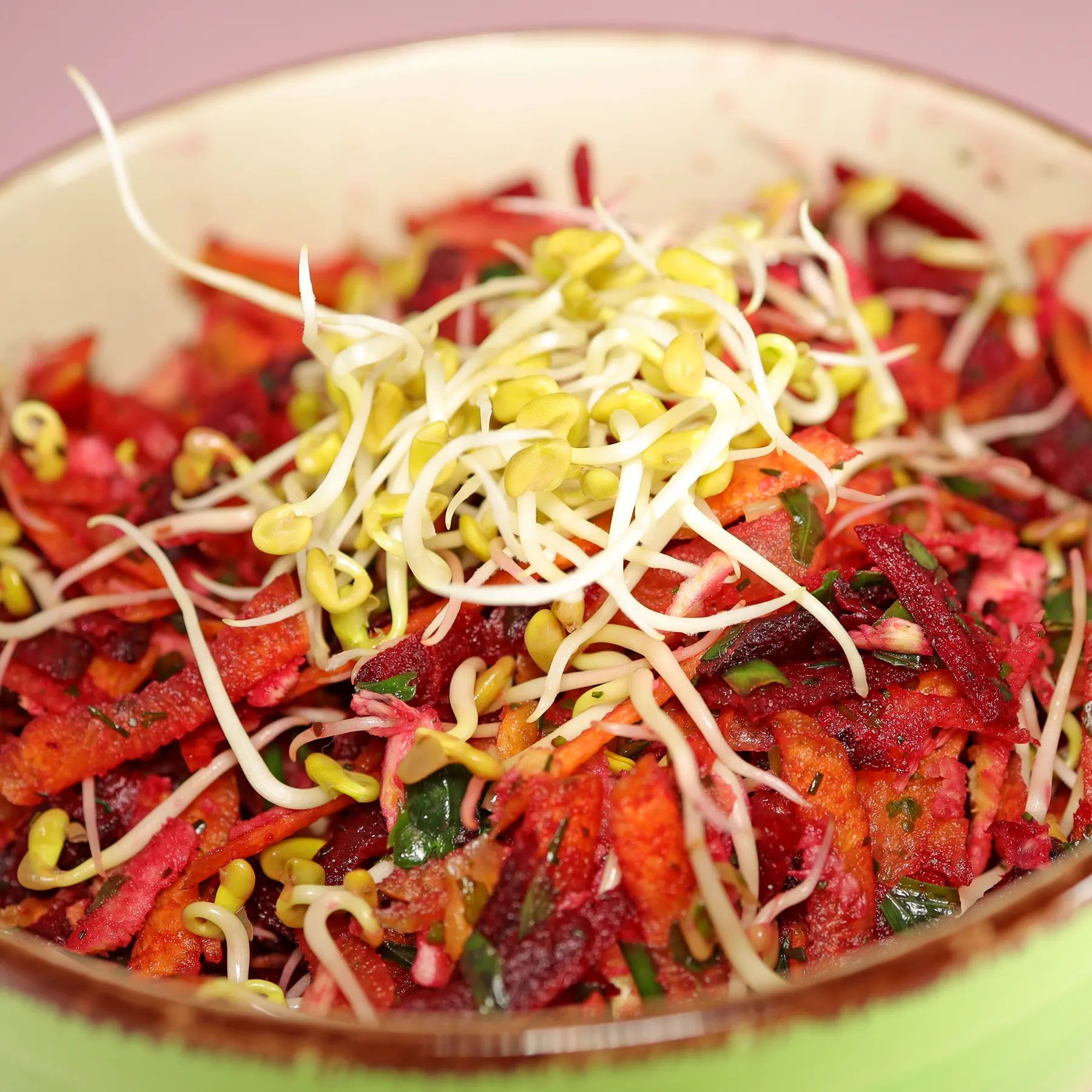 salad of carrot beetroot parsnip and fenugreek sprouts